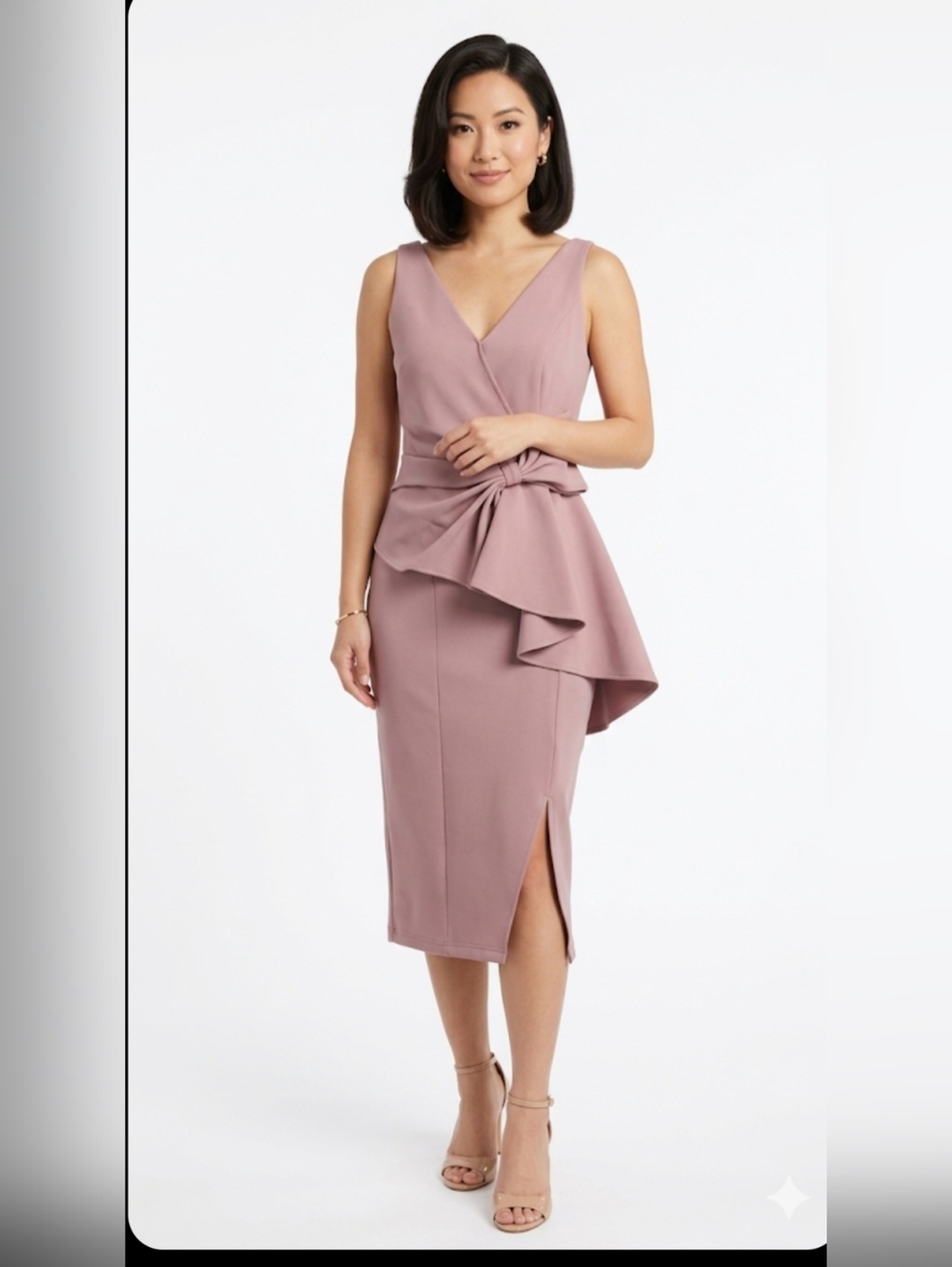 FEHAUTE Sleeveless V-Neck Peplum Midi Dress in Dusty Rose, Size L.